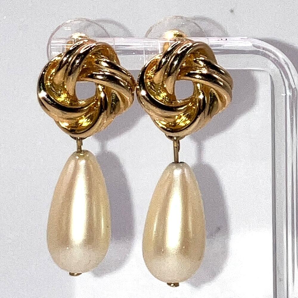 Teardrop White Faux Pearls Gold-Tone Knots Dangle 1 3/8" Earrings!
